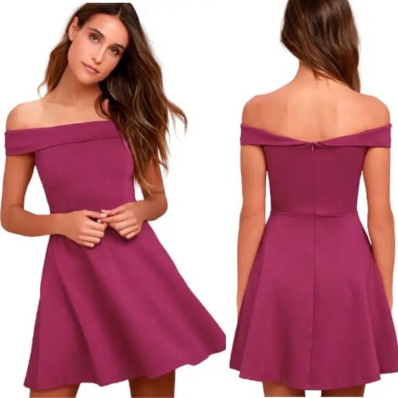 Lulus Season of Fun Magenta Pink Off-the-Shoulder Skater Dress Size M - Picture 1 of 5